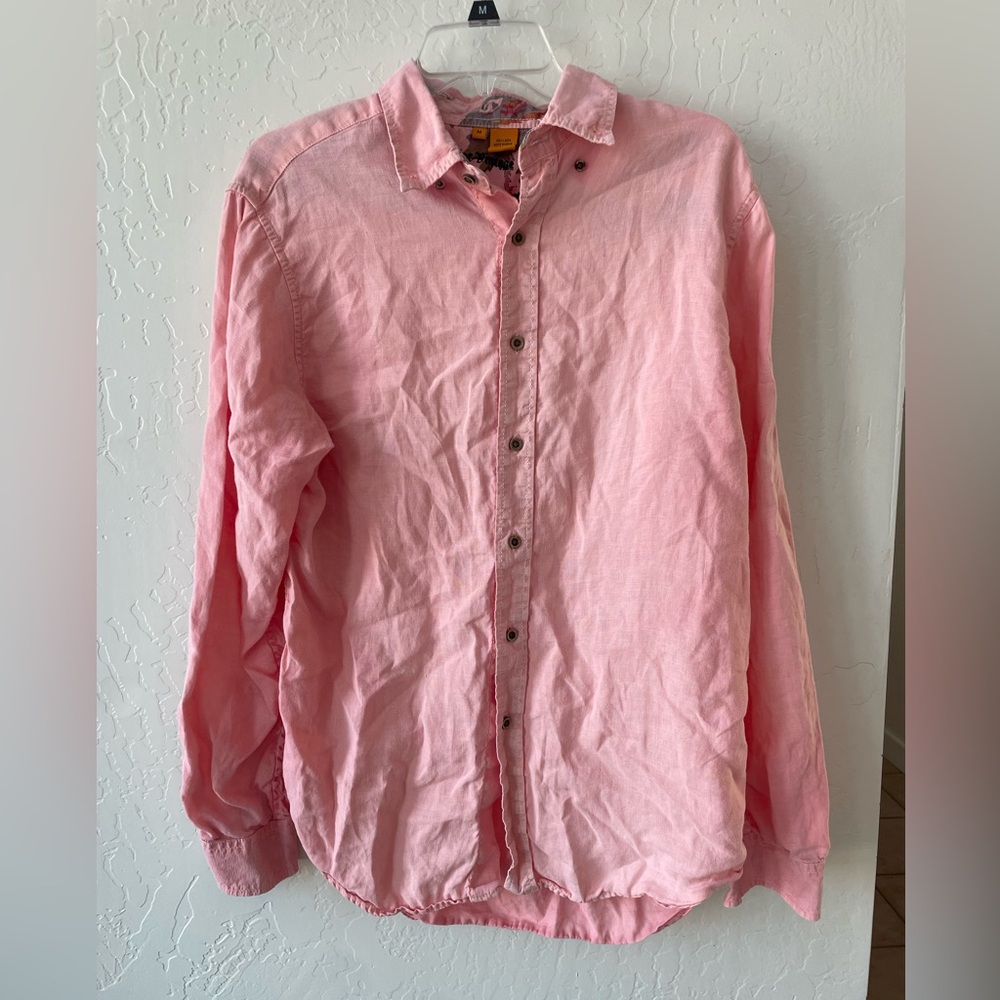 Taylor Vintage Mens Shirt M Linen Beach Coastal Casual Minimal Contrast Cuff